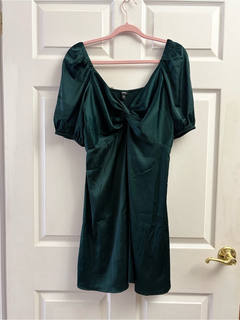 Women’s Express Dark Green Puff Sleeve Silky Mini Dress
